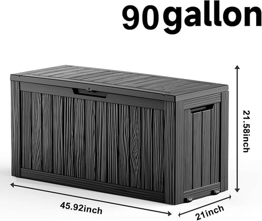 90 Gallon Large Outdoor Storage Box Waterproof, UV Resistant Resin Deck Box for Patio Furniture,Garden Tools,Cushions, Easy to Install（Black）