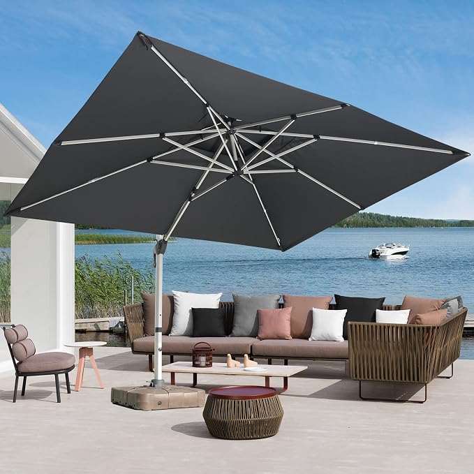 Cantilever Patio Umbrella with Cross Base and Cover Included - 360° Rotation Large Heavy Duty Offset Outdoor Umbrella with Easy Tilt for Pool Backyard Deck Garden (10x13 FT Grey)