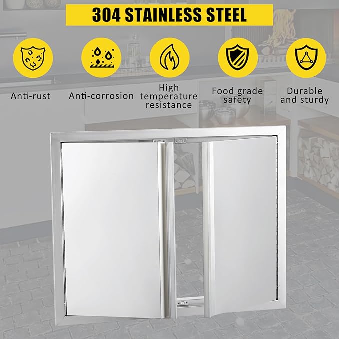 GarveeLife BBQ Access Door 28W X 19H Inch, Grill Door Double Door Brushed Stainless Steel with Recessed Handle, Outdoor Kitchen Doors for BBQ Island, Grill Station, Outside Cabinet