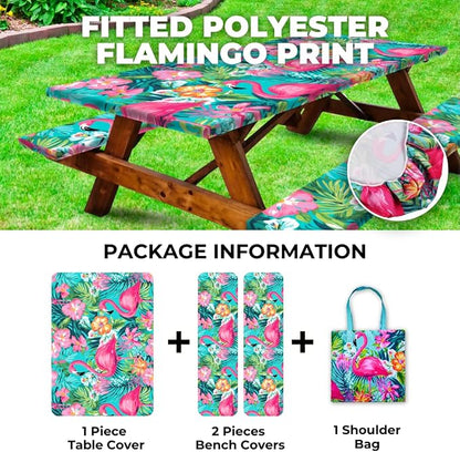 6ft Polyester Picnic Table Cover with Bench Covers Tablecloth Flamingo | Polyester Picnic Table Cover Windproof & Waterproof, Perfect for Camping Gifts & RV Essentials, Cool Camping Gadgets with bag