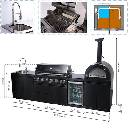 123" Outdoor Kitchen Island,Natural Gas Grill with Pizza Oven,120000 BTU. | Stainless Steel Grill with Rotisserie,Refrigerator,Sink,Granite Countertop,Storage Cabinets Drawers.Sleek Black Finish