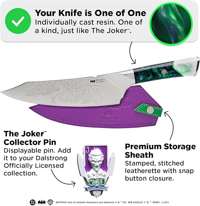 Dalstrong Joker Edition 8" Chef Knife (DC Official License) — 5-Layer 9CR18MOV Stainless, 8–12° Edge, Unique Joker-Art Resin Handle — For Collectors, Gift-Giving & Real Kitchen Use
