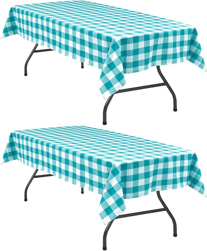 Hiasan Plaid Tablecloth Waterproof, 2 Pack, 60 x 120 inch - Checkered Table Cloth Rectangle for Spring Party/Outdoor Picnic/Kitchen Dining, Turquoise and White
