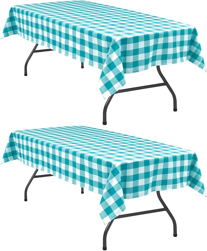 Hiasan Plaid Tablecloth Waterproof, 2 Pack, 60 x 84 inch - Checkered Table Cloth Rectangle for Spring Party/Outdoor Picnic/Kitchen Dining, Turquoise and White