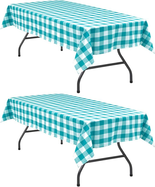 Hiasan Plaid Tablecloth Waterproof, 2 Pack, 60 x 84 inch - Checkered Table Cloth Rectangle for Spring Party/Outdoor Picnic/Kitchen Dining, Turquoise and White