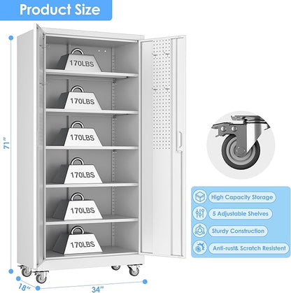 Aobabo Upgraded Garage Storage Cabinets with Wheels,Metal Storage Cabinets with 5 Adjustable Shelves for Garage Home Office Storage,White,71''H*34''W*18''D,Assembly Required