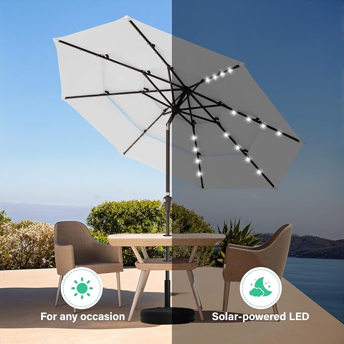 JEAREY 9 ft 3-Tier Outdoor LED Lighted Patio Umbrella w/Crank, Creamy-white | Solar Market Table Umbrella with 8 Sturdy Ribs, UV Protection Waterproof Sunproof for Garden, Deck and Backyard