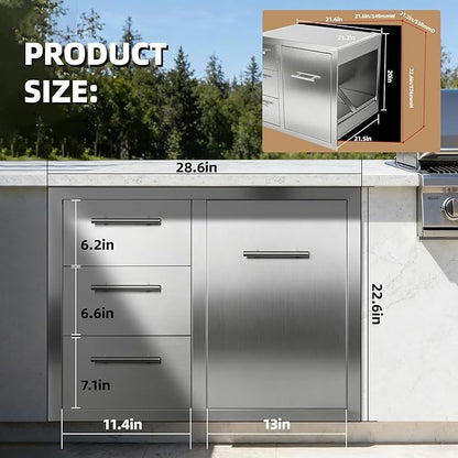 Outdoor Kitchen Drawers Combo Stainless Steel Flush Mount Outdoor Kitchen Cabinets Triple Drawer and Trash Drawer Combo for Outdoor Kitchens & BBQ Islands 28.6" W x 22.6" H x 21.5" D