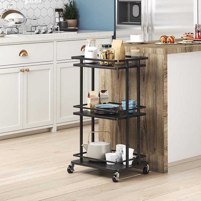 XYZLVSI Bar Cart, Home Bar Serving Cart, 3 Tier Kitchen Shelf with Wheels | Wood and metal, kitchen island storage cart with wheels, multifunction utility cart storage rack for dining room, living room