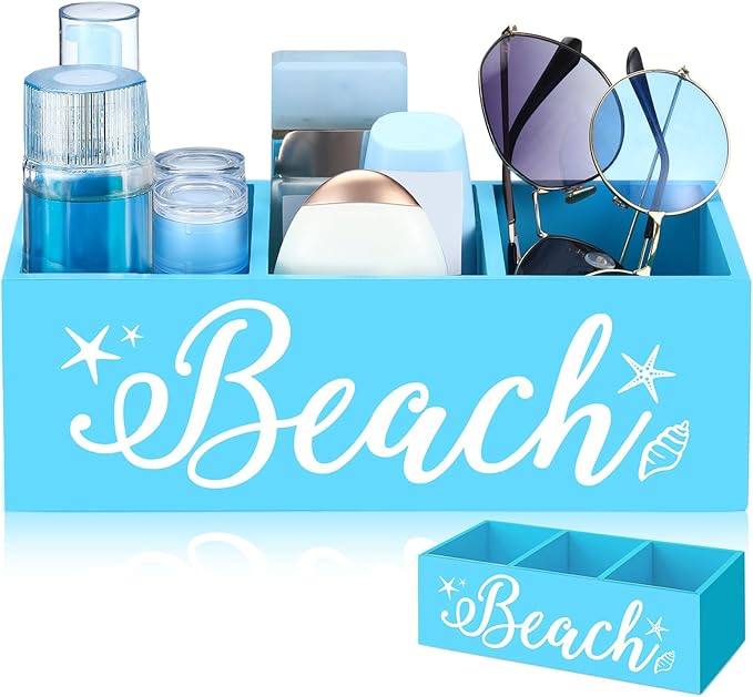 CroBlissful Beach Storage Basket Blue Summer Beach Wooden Box with 3 Compartments Toilet Tank Tray for Indoor Outdoor Swimming Pool Decor Sunblock Sunglasses Pool Toy Storage Box