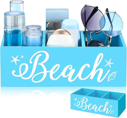 CroBlissful Beach Storage Basket Blue Summer Beach Wooden Box with 3 Compartments Toilet Tank Tray for Indoor Outdoor Swimming Pool Decor Sunblock Sunglasses Pool Toy Storage Box
