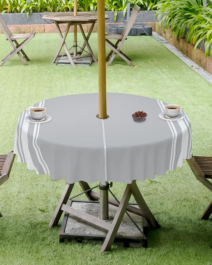 QueenKer Outdoor Tablecloth with Umbrella Hole, Farmhouse Gray White Stripe Round Tables Waterproof Tabletop Collection for Patio, Garden, Picnic, Camping, Dining 60R