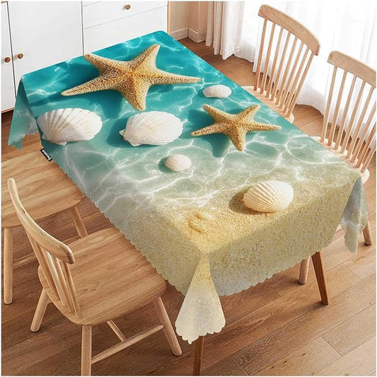 Swono 52x70 Inch Ocean Beach Tablecloth Summer Starfish and Seashell Ocean Sea Farmhouse Dining Table Cloth Anti-Stain Talking Table Cover for Kitchen Dinning Room Coffee Store