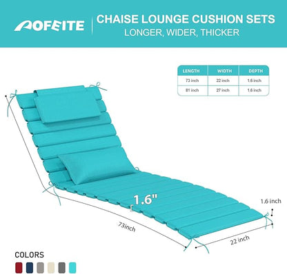 2 Sets of Outdoor Water-Resistant Olefin Chaise Lounge Cushions with Headrest and Pillow, Weather and Fade Resistant Foldable Quilted Lounge Chair Pads with Straps, Turquoise, 73" L x 22" W