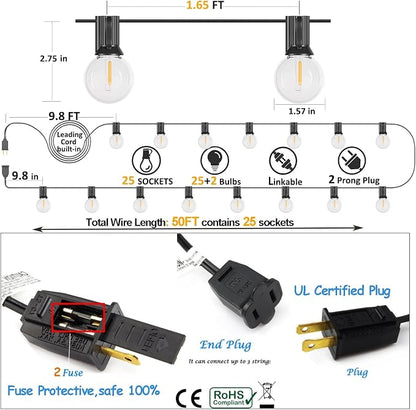 Outdoor String Lights 50FT G40 LED Globe Bulbs - Shatterproof, Connectable, Waterproof - 27 Bulbs (2 Extra), 25 E12 Hanging Lights for Patio, Bistro, Pergola, Gazebo
