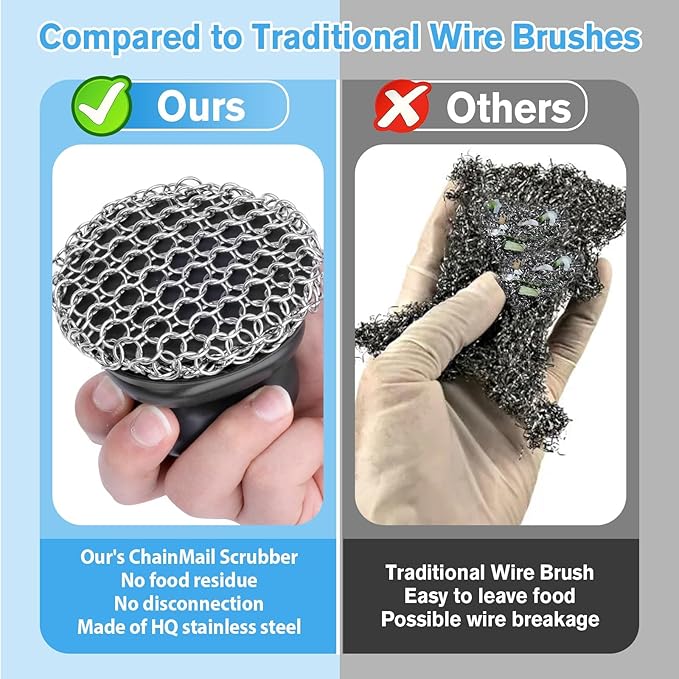 Cast Iron Scrubber (2 × Black Coarse Mesh) and and Scraper, Chain Mail Scrubber for Cleaning Stock Pots, Pans, Griddles, Grills, Cast Iron Skillets, Dish Scouring Pads