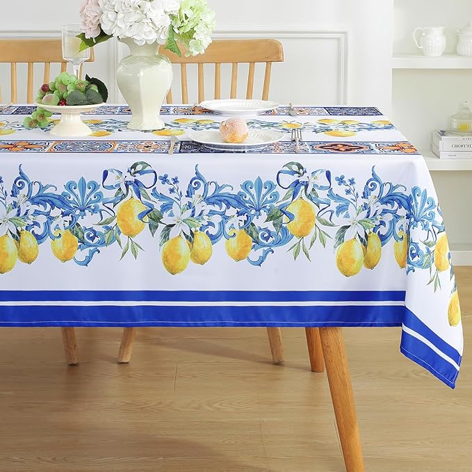 SASTYBALE Lemon Tablecloths, 60 x 84 Inch Rectangle, White | Summer Tablecloths for Rectangle Tables, Spill-Proof Stain-Resistant Fabric for Dining, Party, Picnic, Indoor, Outdoor
