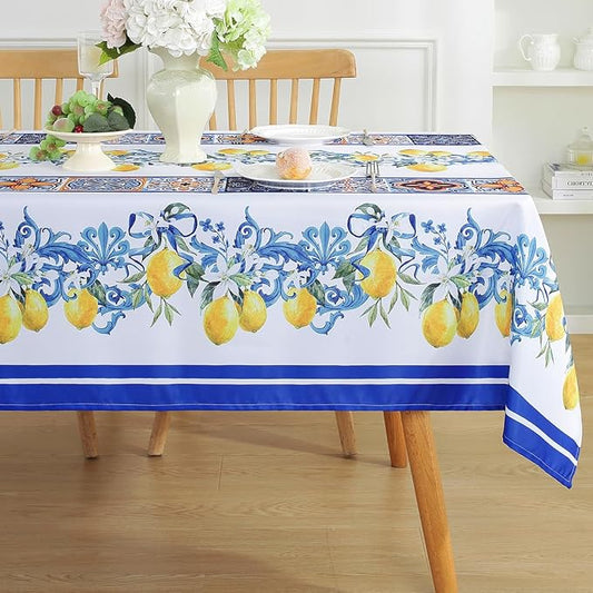SASTYBALE Lemon Tablecloth, 52 x 70 inch Rectangular, White | Summer Tablecloths for Rectangle Tables, Spill-Proof Stain-Resistant Fabric for Dining, Party, Picnic, Indoor, Outdoor