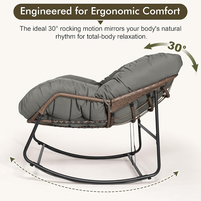 Bifanuo Oversized Egg Rocking Chair for Indoor Outdoor – All-Weather Wicker Rattan Lounge Chair with Cushion Patio Rocker for Porch Garden or Balcony (Grey)