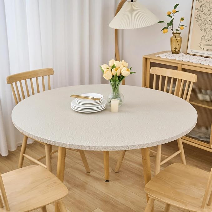 LIBERECOO Round Vinyl Fitted Tablecloth with Flannel Backing Elastic Edge Table Cover Waterproof Stain-Resistant Wipeable Tablecloths Fits 45-56 Inch Round Tables