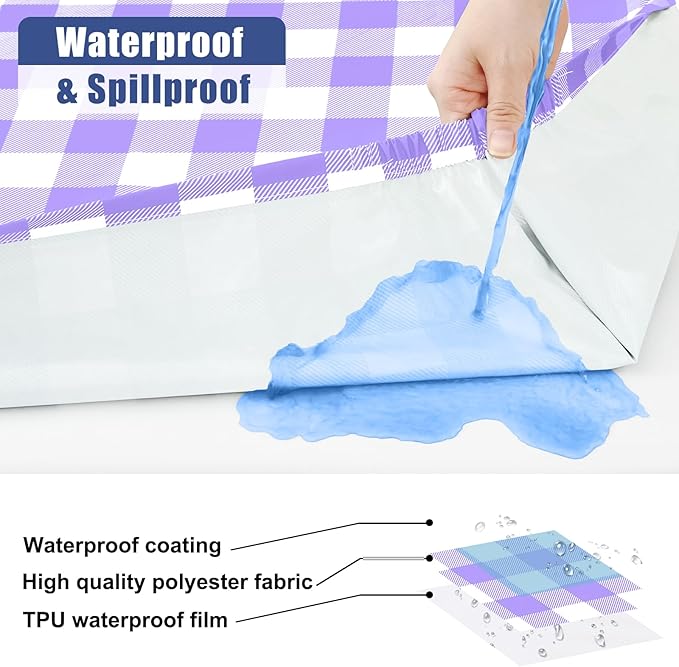 Smiry Picnic Table Cloth 2 Pack, Waterproof Elastic Fitted Tablecloths for 6FT Rectangle Tables, Washable Polyester Buffalo Plaid Tablecloth for Camping, Dining & Outdoor (Purple & White, 30" x 72")