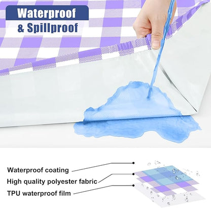 Smiry Picnic Table Cloth 2 Pack, Waterproof Elastic Fitted Tablecloths for 6FT Rectangle Tables, Washable Polyester Buffalo Plaid Tablecloth for Camping, Dining & Outdoor (Purple & White, 30" x 72")