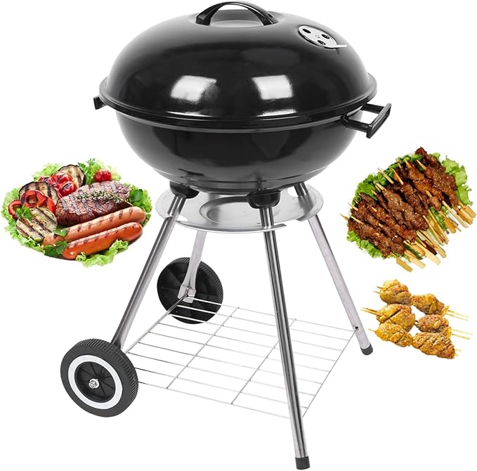 18" Portable Charcoal Grill with Wheels and Storage Holder, Barbecue Grills Steel BBQ Grill for Garden Party Picnic Hiking Travel Backyard Cooking, Easy to Assemble, Asadores de Carbon (Black)