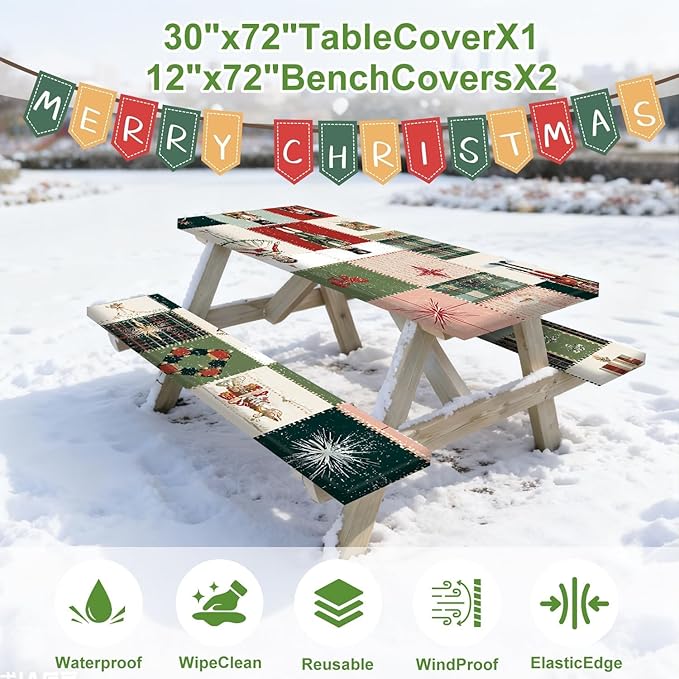 Christmas Picnic Table Cover with Bench Covers Set, Elastic Fitted Tablecloth for Outdoor Picnic Tables, Nutcracker and Patchwork Holiday Design, Durable Vinyl Cover for Camping, BBQs, and