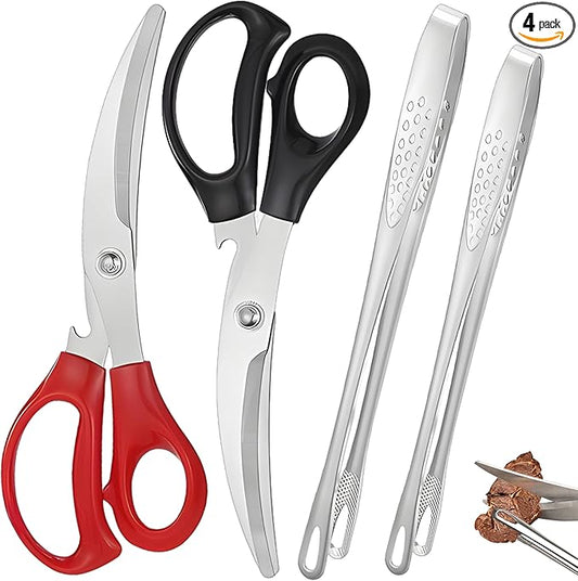 304 Stainless Steel Korean BBQ Scissors and Tongs Set,korean curve shape shears for kitchen use 9.45 inch Scissors(Black+Red) +(9.45+11) inch Tongs 4 in 1 Utensil set for Cooking