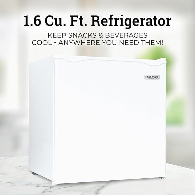 Igloo 1.6 Cu.Ft Mini Fridge with Freezer- Single Door Compact Refrigerator with Glass Shelves for Homes, Dorms & Offices- Keep Snacks, Drinks & Frozen Foods Cool with Temperature Control Fridge- White