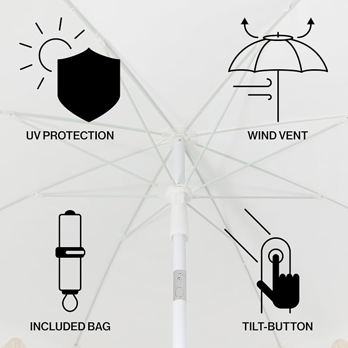 JONATHAN Y Mariner 6.5 ft. Solid Fringe Beach Umbrella, White | Push-Button Tilt, UV 50 Protection, Matching Carry Bag, Iron Pole, Wind Vent, Scalloped Round Canopy