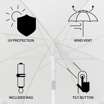 JONATHAN Y Mariner 6.5 ft. Solid Fringe Beach Umbrella, White | Push-Button Tilt, UV 50 Protection, Matching Carry Bag, Iron Pole, Wind Vent, Scalloped Round Canopy