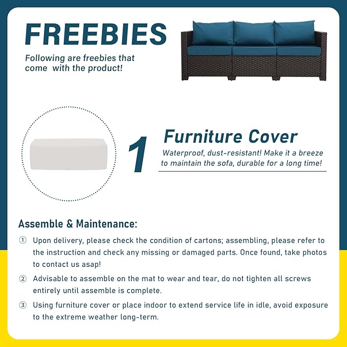 Rattan Star Outdoor Couch 3 Seater Sofa Outdoor Furniture Deep Seat High Backrest Patio Couch with Non-Slip Cushions and Waterproof Cover, Peacock Blue