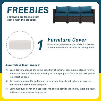 Rattan Star Outdoor Couch 3 Seater Sofa Outdoor Furniture Deep Seat High Backrest Patio Couch with Non-Slip Cushions and Waterproof Cover, Peacock Blue