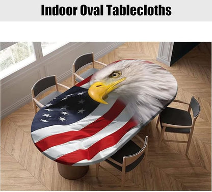 4th of July Oval Fitted Tablecloths, American Bald Eagle on American Flag Elastic Edged Table Covers, Fits Tables up to 54" x 76", Windproof Table Cloths for Indoor Restaurant Outdoor Dining Decor