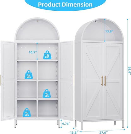 Metal Arched Pantry Cabinet with 4 Adjustable Shelves, Farmhouse Tall Arched Cabinet with 2 Doors for Kitchen，Living Room,White, Assemble Required, 13.8" D x 27.6" W x 66.9" H
