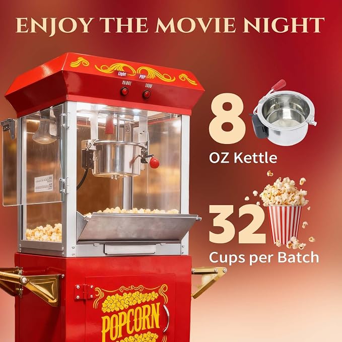 8 Oz Popcorn Machine with Cart, Nostalgia Professional Cart Makes Up to 32 Cups with Warming Deck and Old Maids Drawer, Movie Night Supplies for Home, Red