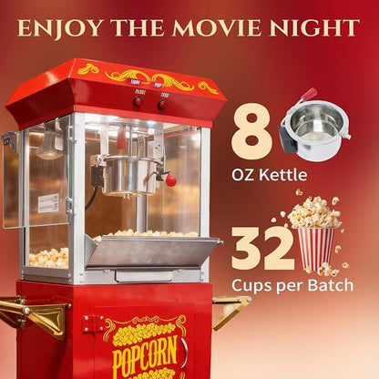8 Oz Popcorn Machine with Cart, Nostalgia Professional Cart Makes Up to 32 Cups with Warming Deck and Old Maids Drawer, Movie Night Supplies for Home, Red