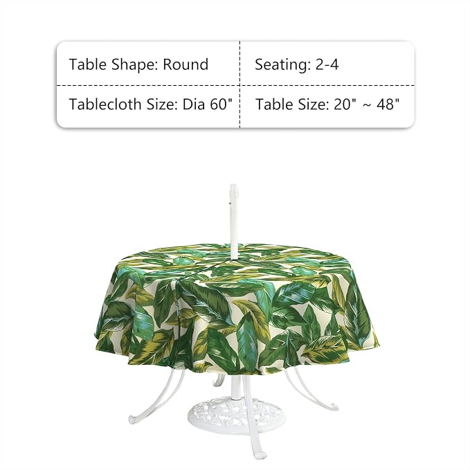 LVTXIII Round Outdoor Tablecloth with Umbrella Hole and Zipper, Water-Repellent 60 Inch Patio Table Cover for Bistro, Garden, Patio & Picnic, Lush Leaf Jungle