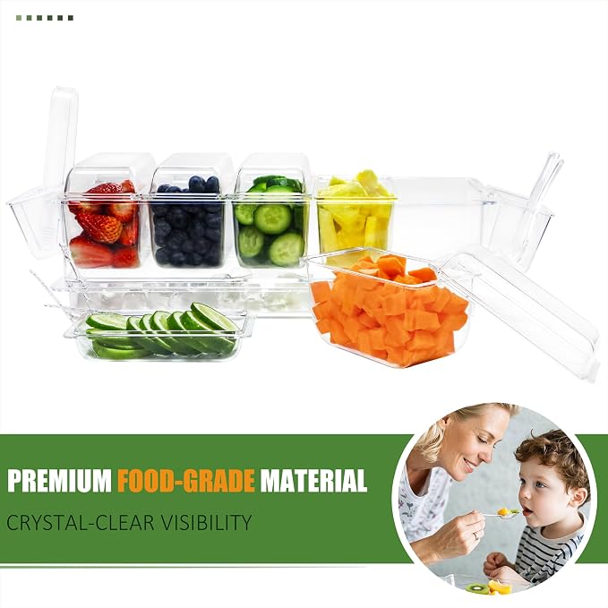 Chilled Condiment Server, Taco Bar Serving Set, Mimosa Bar Supplies, with 5 Lidded Containers and Detachable Ice Storage Layer, 2 Hanging Cups for Storing Tong or Forks