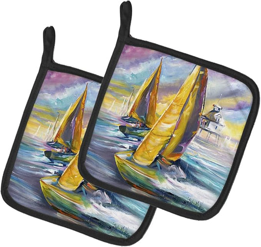 Caroline's Treasures JMK1234PTHD Middle Bay Lighthouse Sailboats Pair of Pot Holders Kitchen Heat Resistant Pot Holders Sets Oven Hot Pads for Cooking Baking BBQ, 7 1/2 x 7 1/2