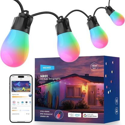 NEEWER 48ft Outdoor String Lights, App Control Smart AI RGB IC W Hanging Outside Patio Balcony Backyard Holiday Lighting, IP65 Waterproof, 15 LED Bulbs, 50+ Scenes, Compatible with Alexa Google, NR01