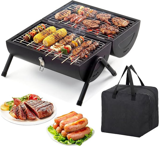 15" Portable Charcoal Grill with Wooden Handle, 2 Side Carbon Griller for BBQ, Compact Tabletop Barbecue Grill for Outdoor Camping BBQ Grilling Backyard Party Cooking, Asadores de Carbon (Black)