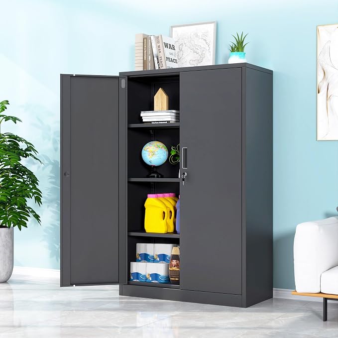 Metal Storage Cabinet with Locking Doors and 3 Adjustable Shelves, 53.5-Inch Lockable Storage Cabinets for Home Office Garage Kitchen Pantry (Black)