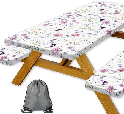 Floral Picnic Table Cover with Bench Covers and Bag, Rustic Wildflower Waterproof Windproof Washable Camping Table Camping Essentials Cover with Elastic Edges, 3 Pcs Set 30x96 Inch