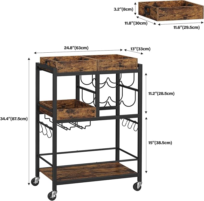 TUTOTAK Bar Cart with Wheels, Drink Cart with Wine Rack and Glass Holder | 3-Tier 24.8 Inch Wide Home Bar Serving Carts, Small Mobile Kitchen Shelf with 6 Hooks, Rustic Brown BC01BB037
