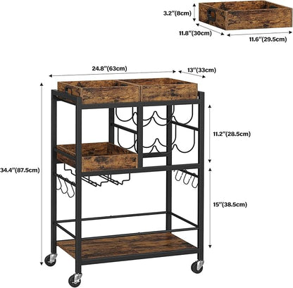 TUTOTAK Bar Cart with Wheels, Drink Cart with Wine Rack and Glass Holder | 3-Tier 24.8 Inch Wide Home Bar Serving Carts, Small Mobile Kitchen Shelf with 6 Hooks, Rustic Brown BC01BB037