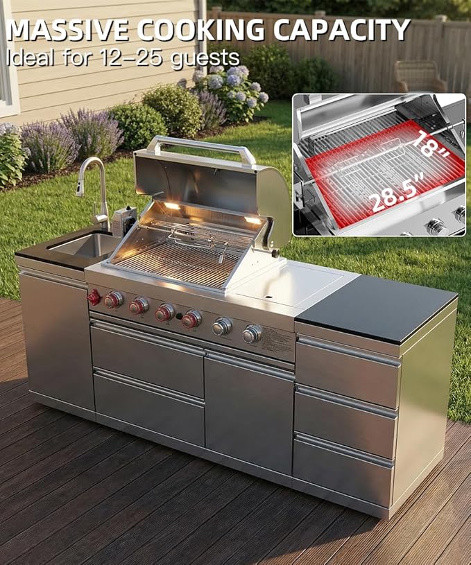 BBQ Outdoor Kitchen Island Grill Barbecue Modular Patio Kitchens Kits with Electric Rotisserie, Sink, fridge, and Burner for More than 10 People