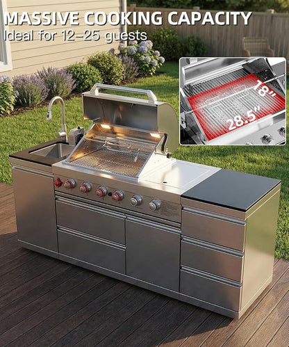 BBQ Outdoor Kitchen Island Grill Barbecue Modular Patio Kitchens Kits with Electric Rotisserie, Sink, fridge, and Burner for More than 10 People