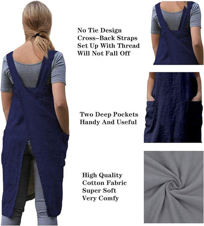TBA Cotton Linen Apron Cross Back Apron for Women with Big Pockets Square Pinafore Dress for Baking Cooking BBQ & Grill